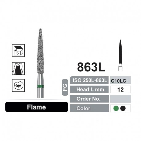 شعله شمعی فرز الماسه تراش 5 عددی بلند مدل Dentalree - Flame 863L